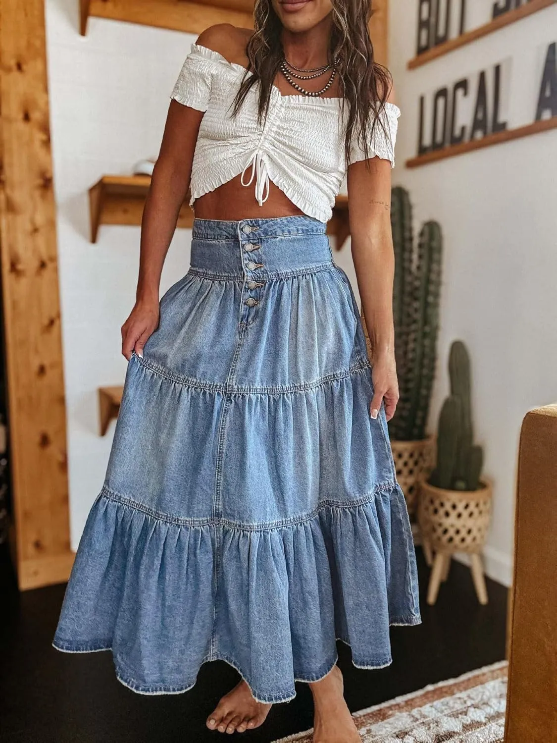 utcoco Women's High Waist Long Denim Skirt Button-Fly Tiered Ruffle Swing A-Line Jean Maxi Skirt with Pockets