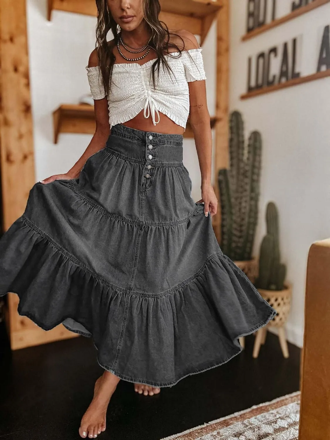 utcoco Women's High Waist Long Denim Skirt Button-Fly Tiered Ruffle Swing A-Line Jean Maxi Skirt with Pockets