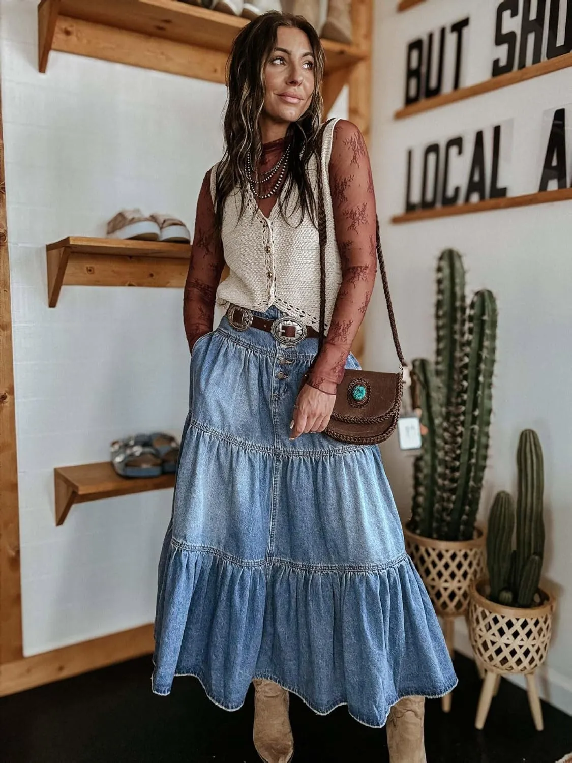 utcoco Women's High Waist Long Denim Skirt Button-Fly Tiered Ruffle Swing A-Line Jean Maxi Skirt with Pockets