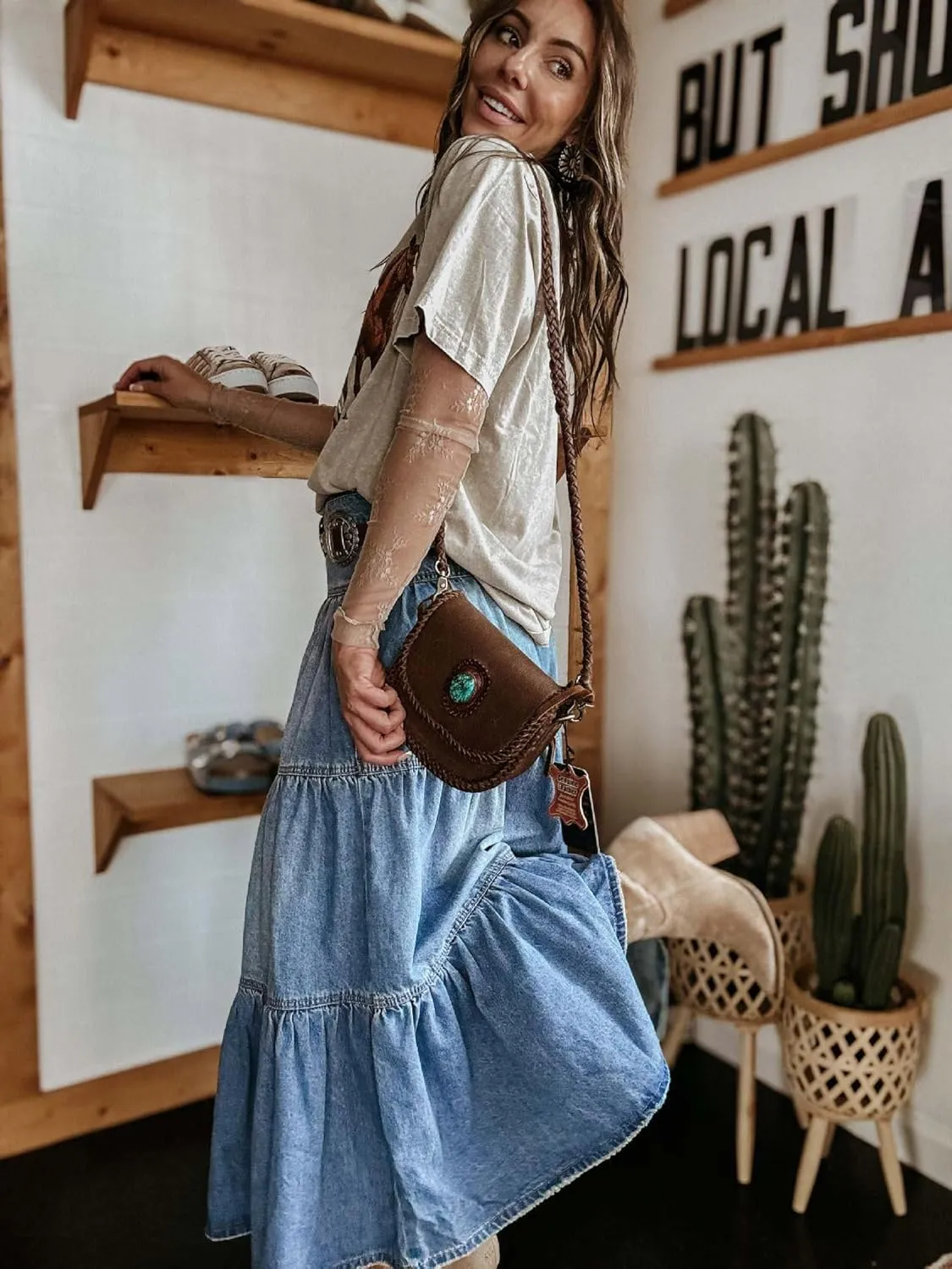 utcoco Women's High Waist Long Denim Skirt Button-Fly Tiered Ruffle Swing A-Line Jean Maxi Skirt with Pockets