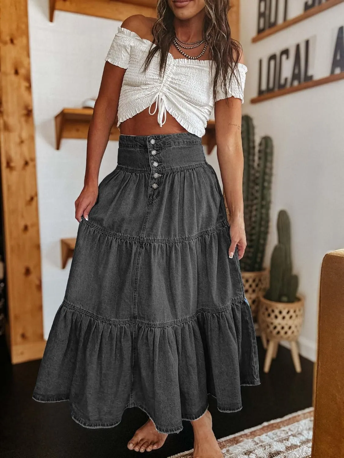 utcoco Women's High Waist Long Denim Skirt Button-Fly Tiered Ruffle Swing A-Line Jean Maxi Skirt with Pockets