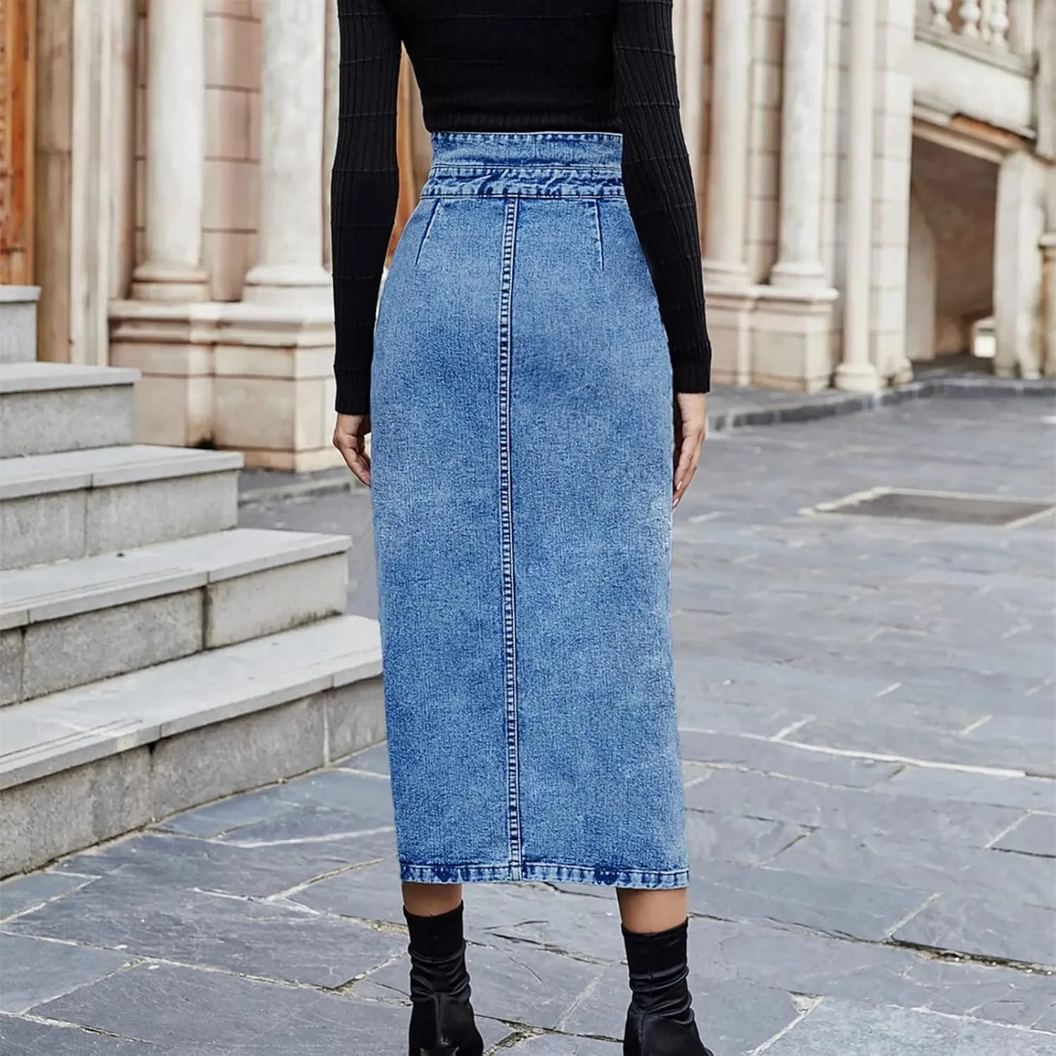utcoco Women's Midi Jean Skirt High Waisted Slit Hem Slim Fit Pencil Denim Skirt