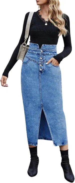 utcoco Women's Midi Jean Skirt High Waisted Slit Hem Slim Fit Pencil Denim Skirt