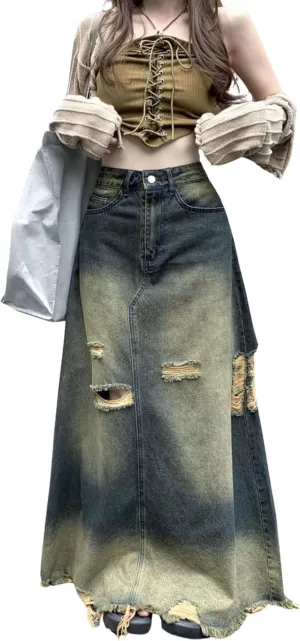 utcoco Women's Vintage Distressed Maxi Denim Skirt High Waist Frayed Raw Hem A-Line Long Jean Skirt with Pockets