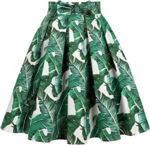 Valentine's Day Festival Rose Floral Print Black Skirt High Waist Vintage Cotton Midi Pleated Skirt BrightGreenLeaf Y XL