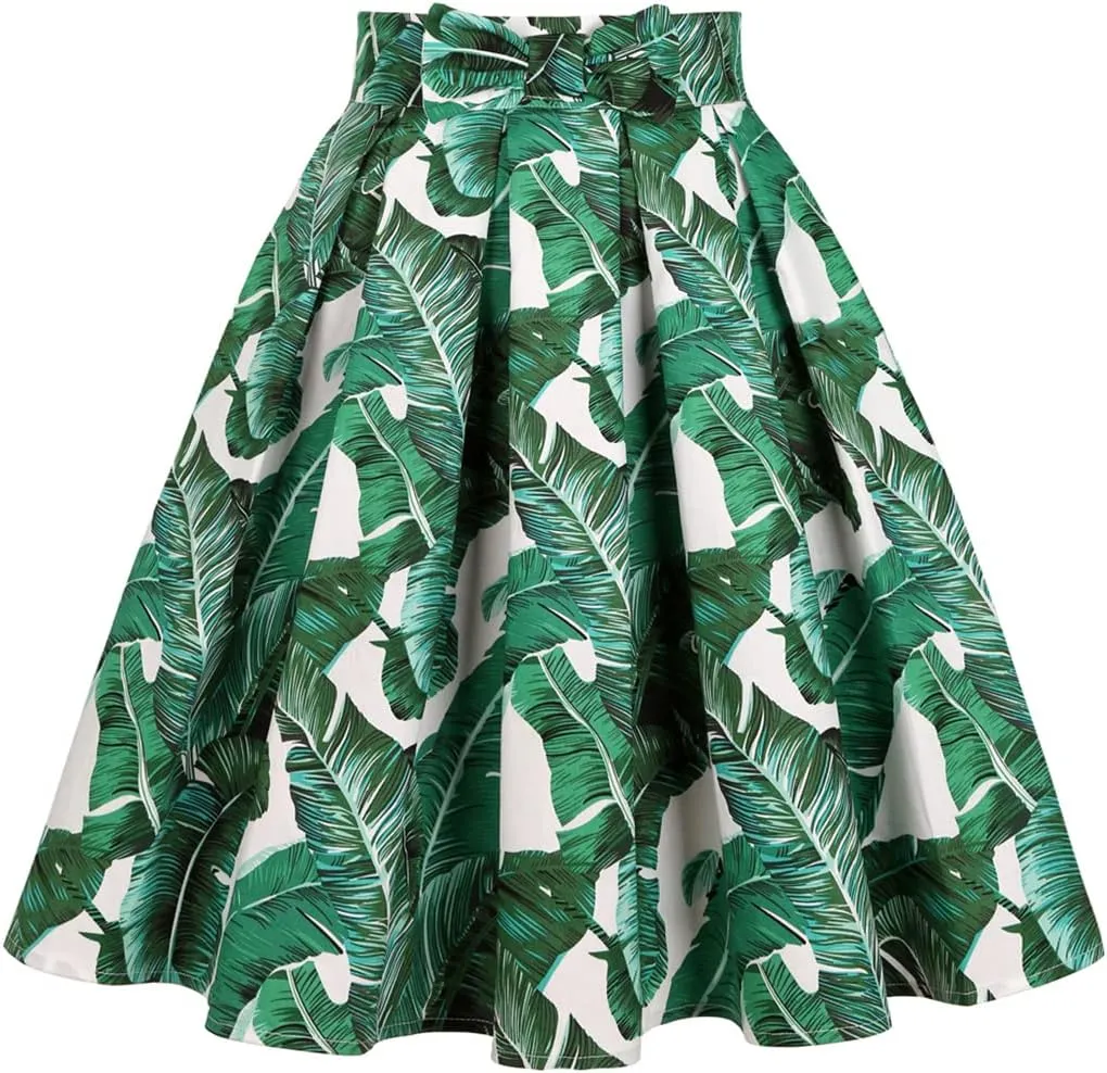 Valentine's Day Festival Rose Floral Print Black Skirt High Waist Vintage Cotton Midi Pleated Skirt BrightGreenLeaf Y XL