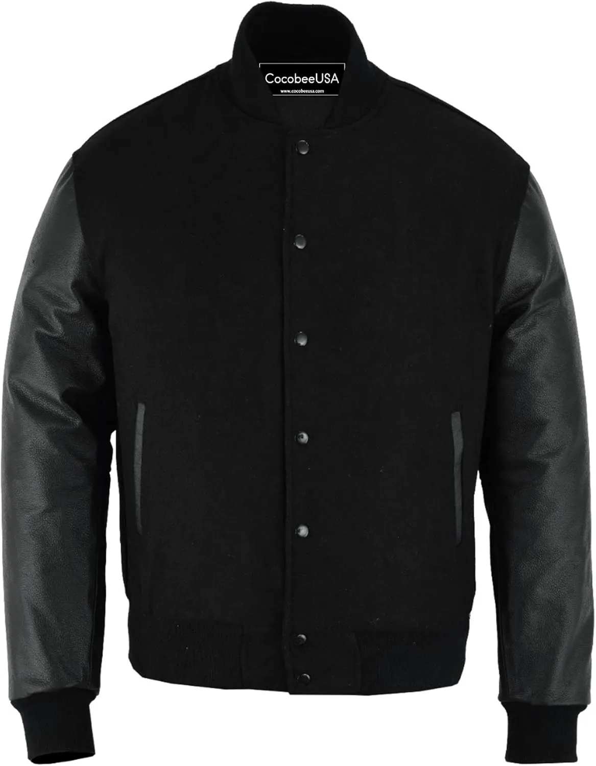 Varsity Jacket Genuine Leather Sleeve With Premium Wool Letterman Baseball Basketball Collage Bomber Jacket Black