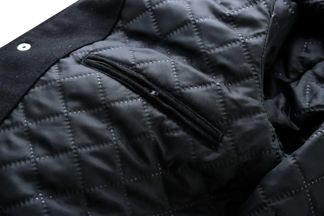 Varsity Jacket Genuine Leather Sleeve With Premium Wool Letterman Baseball Basketball Collage Bomber Jacket Black