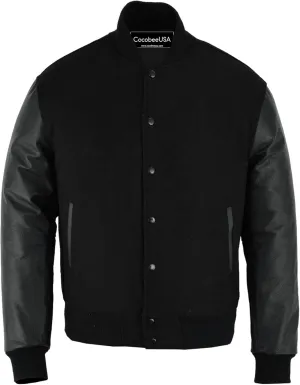 Varsity Jacket Genuine Leather Sleeve With Premium Wool Letterman Baseball Basketball Collage Bomber Jacket Black