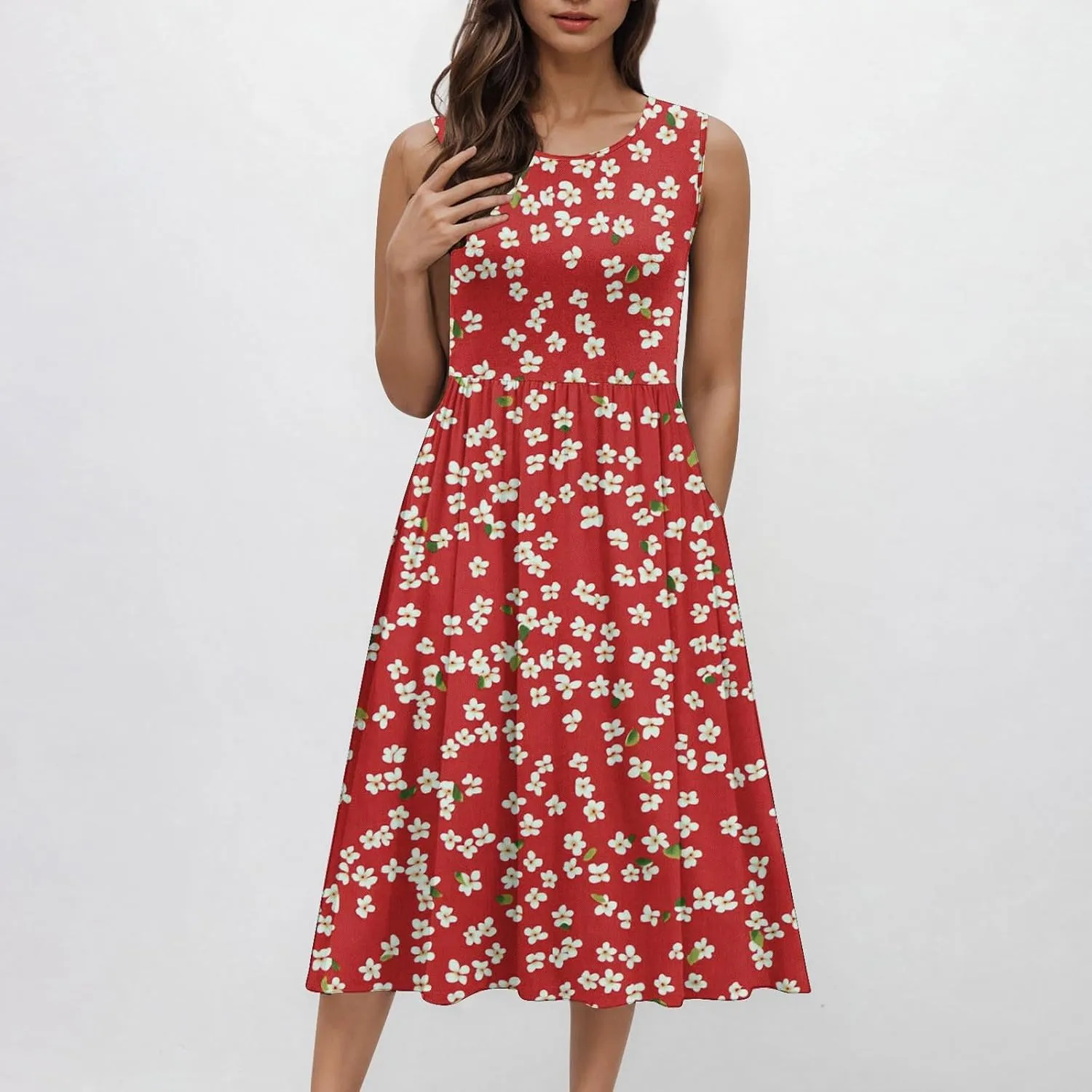 Vintage Floral Tank A-Line Dress Women Summer Sleeveless High Waist Midi Dresses Casual Flowy Sundress with Pockets