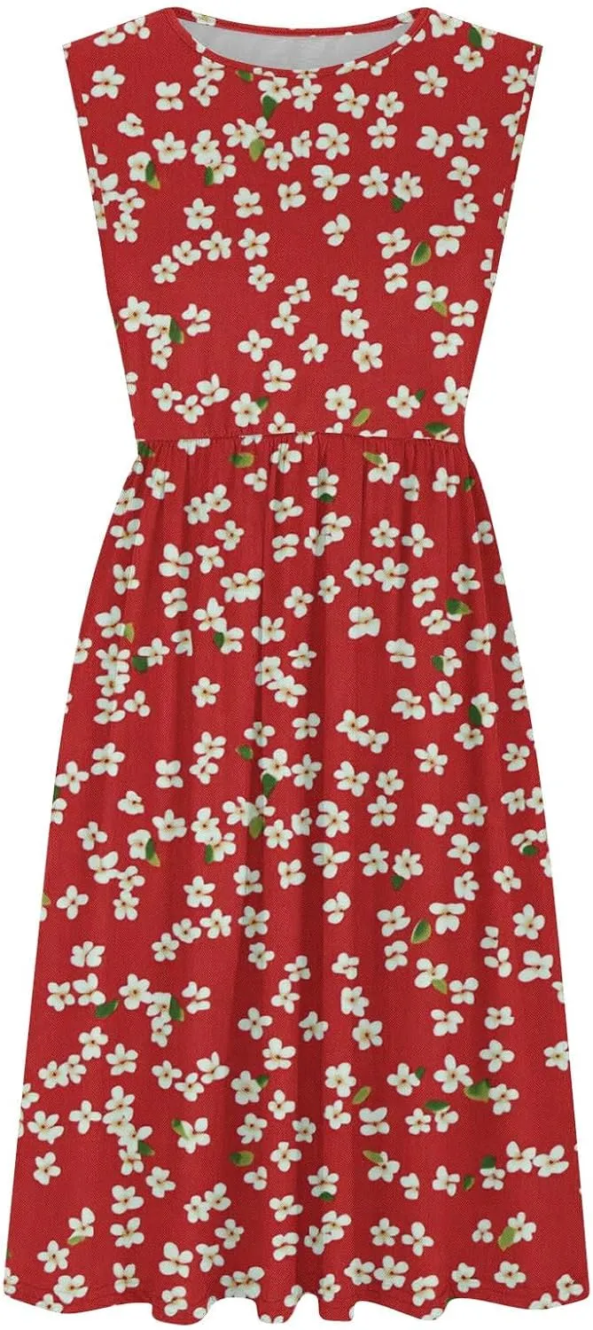 Vintage Floral Tank A-Line Dress Women Summer Sleeveless High Waist Midi Dresses Casual Flowy Sundress with Pockets
