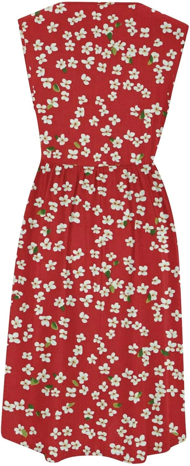Vintage Floral Tank A-Line Dress Women Summer Sleeveless High Waist Midi Dresses Casual Flowy Sundress with Pockets