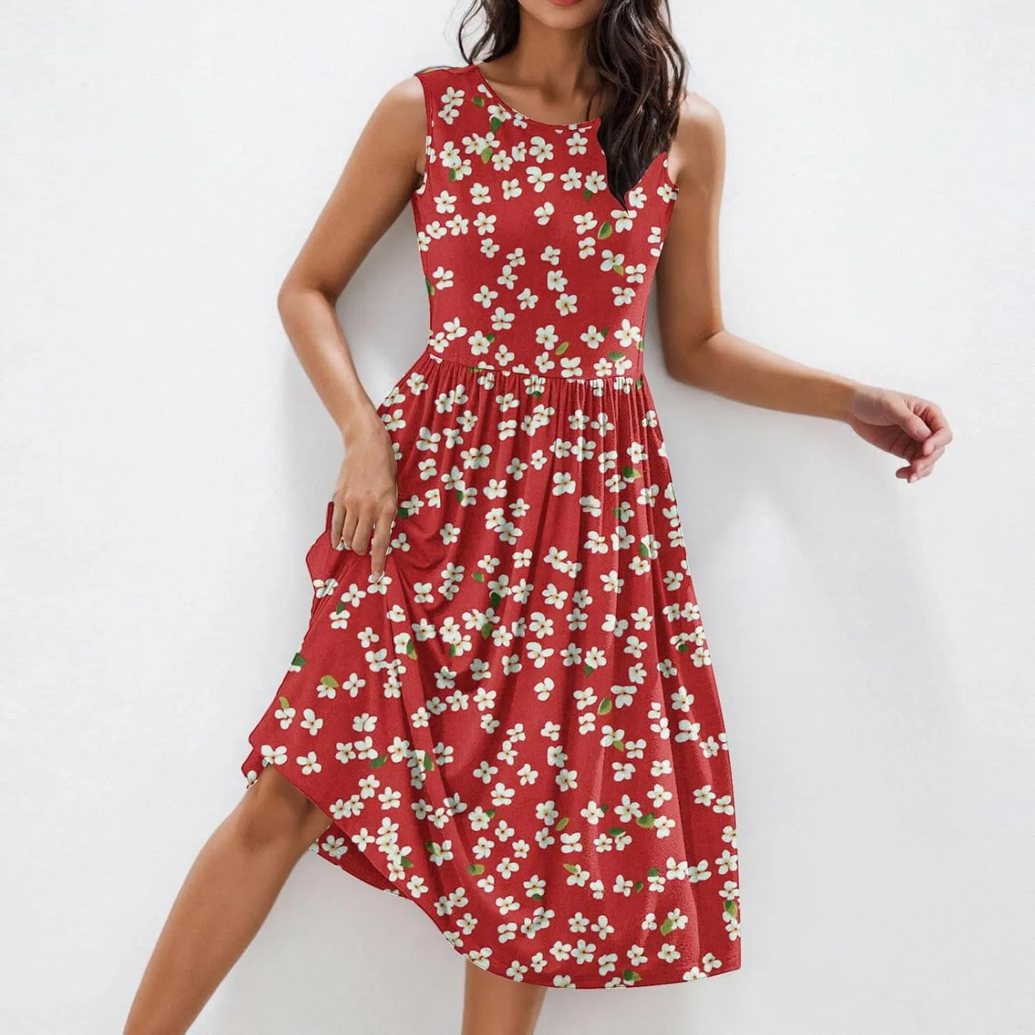Vintage Floral Tank A-Line Dress Women Summer Sleeveless High Waist Midi Dresses Casual Flowy Sundress with Pockets