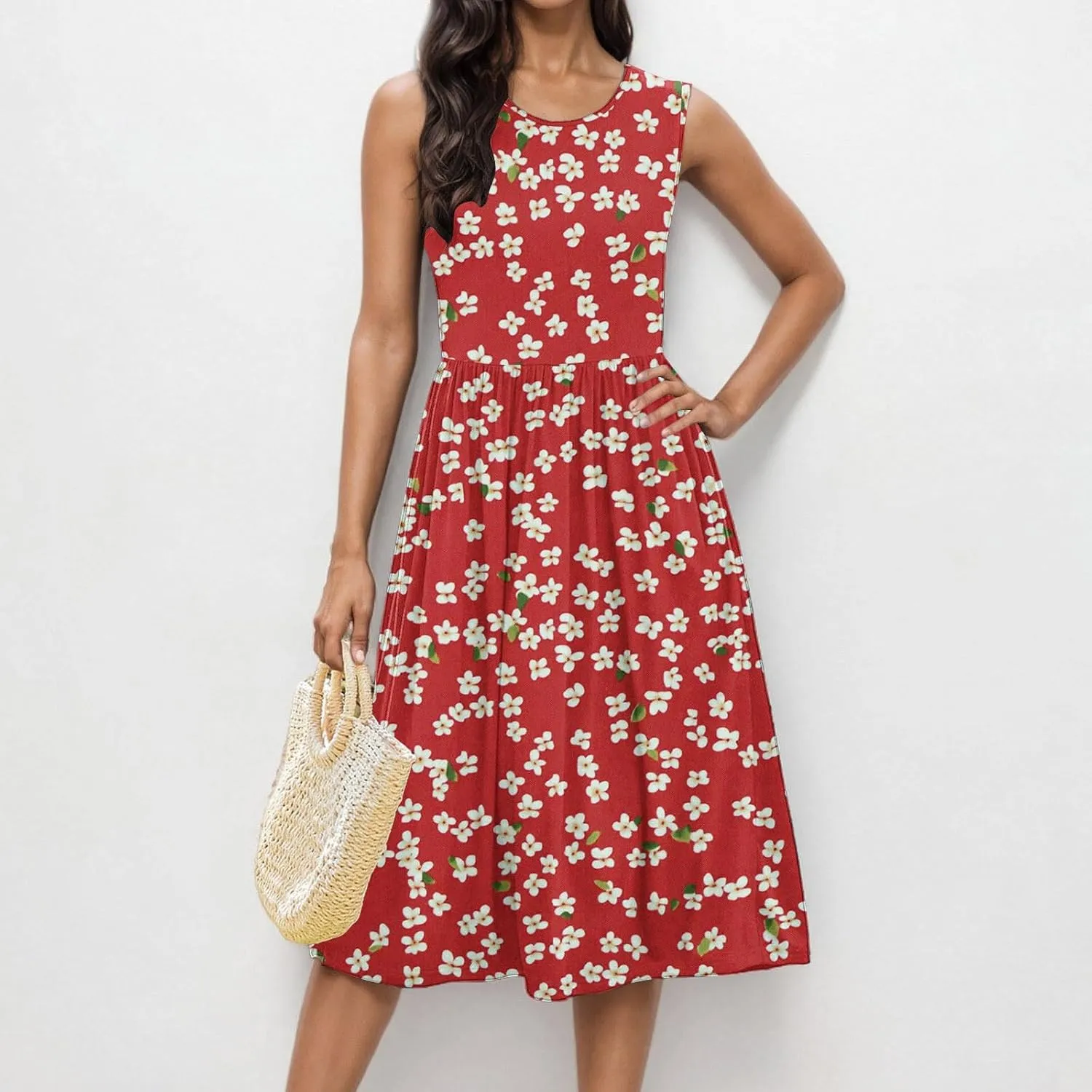 Vintage Floral Tank A-Line Dress Women Summer Sleeveless High Waist Midi Dresses Casual Flowy Sundress with Pockets
