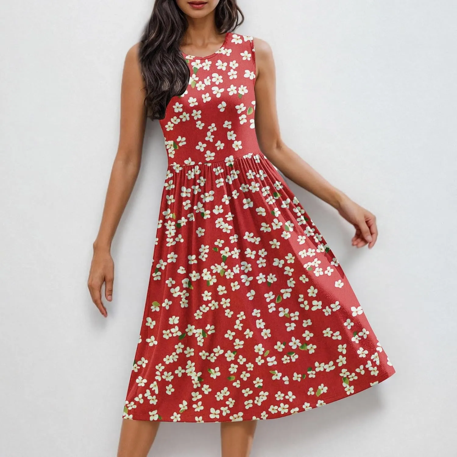 Vintage Floral Tank A-Line Dress Women Summer Sleeveless High Waist Midi Dresses Casual Flowy Sundress with Pockets