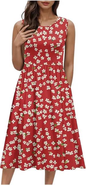 Vintage Floral Tank A-Line Dress Women Summer Sleeveless High Waist Midi Dresses Casual Flowy Sundress with Pockets