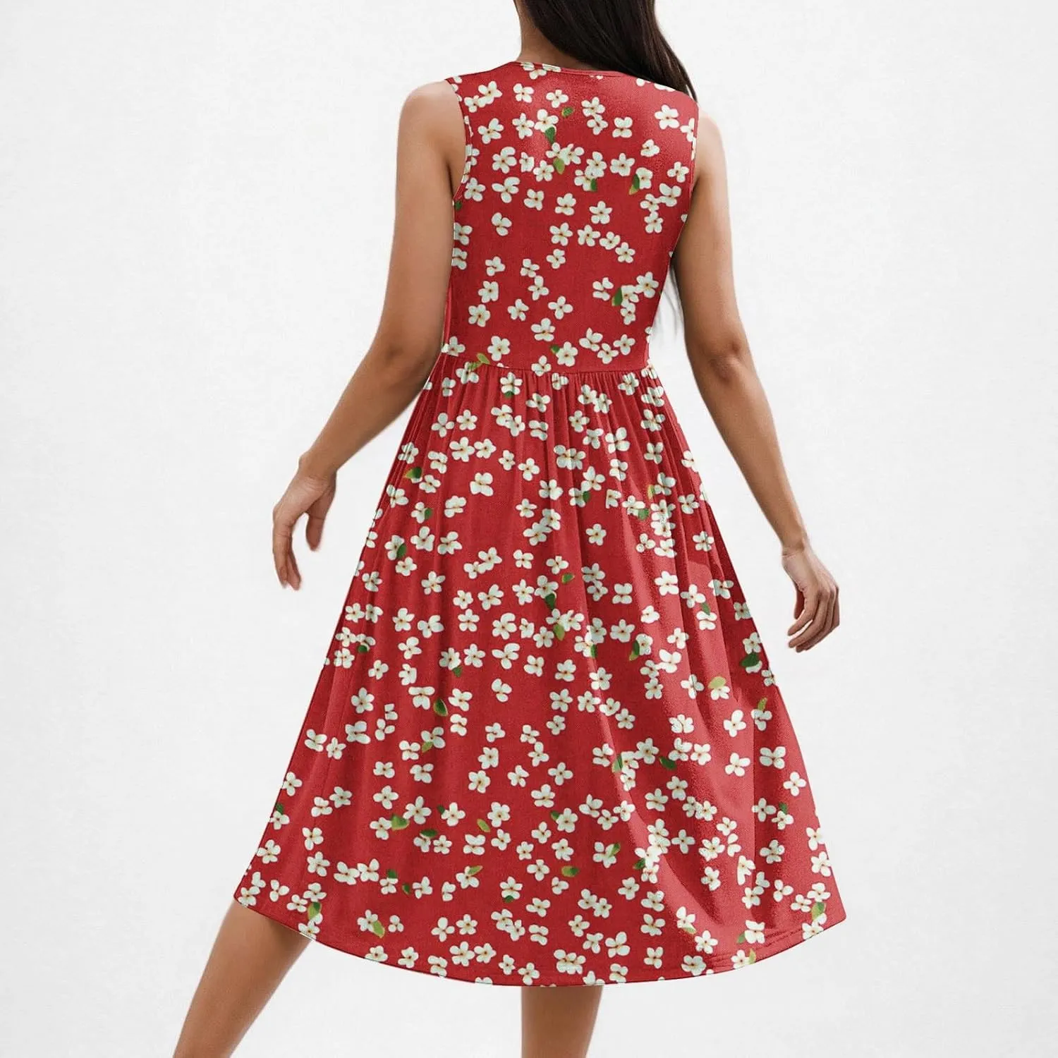 Vintage Floral Tank A-Line Dress Women Summer Sleeveless High Waist Midi Dresses Casual Flowy Sundress with Pockets