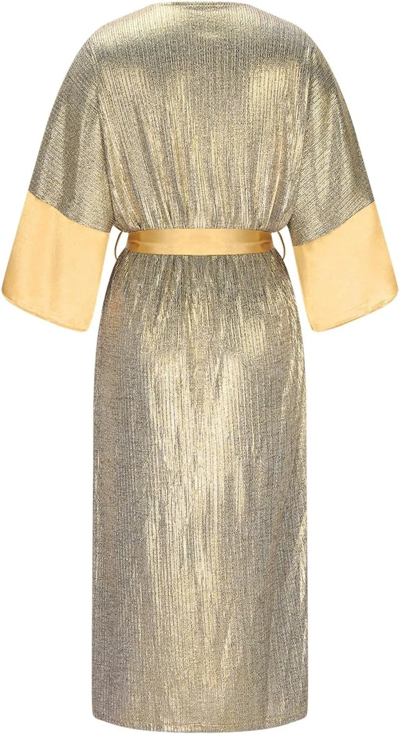 Vintage Sequin Kimono Robe Women Batwing Sleeves Belted Open Front Cardigan Dress Wedding Bridesmaid Long Bath Robe