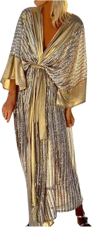 Vintage Sequin Kimono Robe Women Batwing Sleeves Belted Open Front Cardigan Dress Wedding Bridesmaid Long Bath Robe