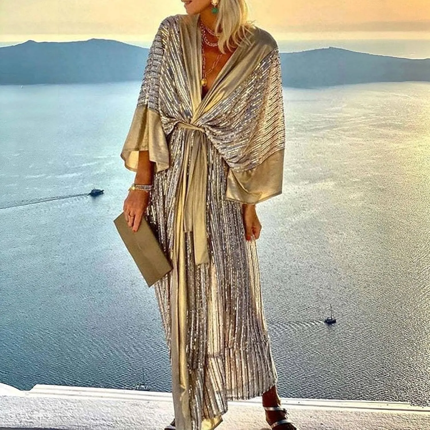 Vintage Sequin Kimono Robe Women Batwing Sleeves Belted Open Front Cardigan Dress Wedding Bridesmaid Long Bath Robe