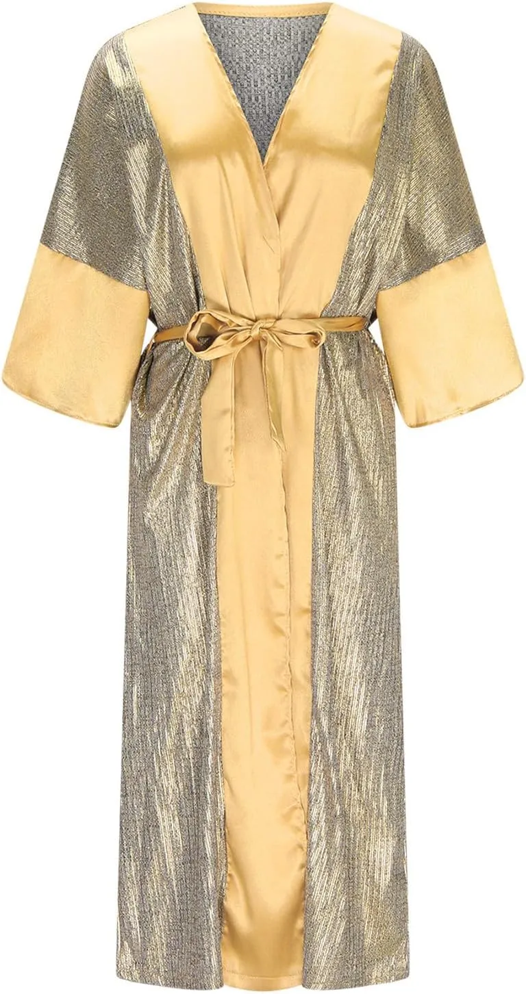 Vintage Sequin Kimono Robe Women Batwing Sleeves Belted Open Front Cardigan Dress Wedding Bridesmaid Long Bath Robe