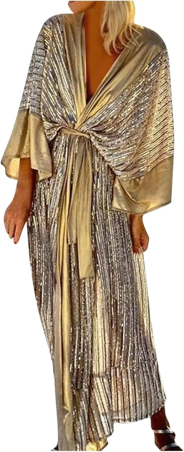 Vintage Sequin Kimono Robe Women Batwing Sleeves Belted Open Front Cardigan Dress Wedding Bridesmaid Long Bath Robe