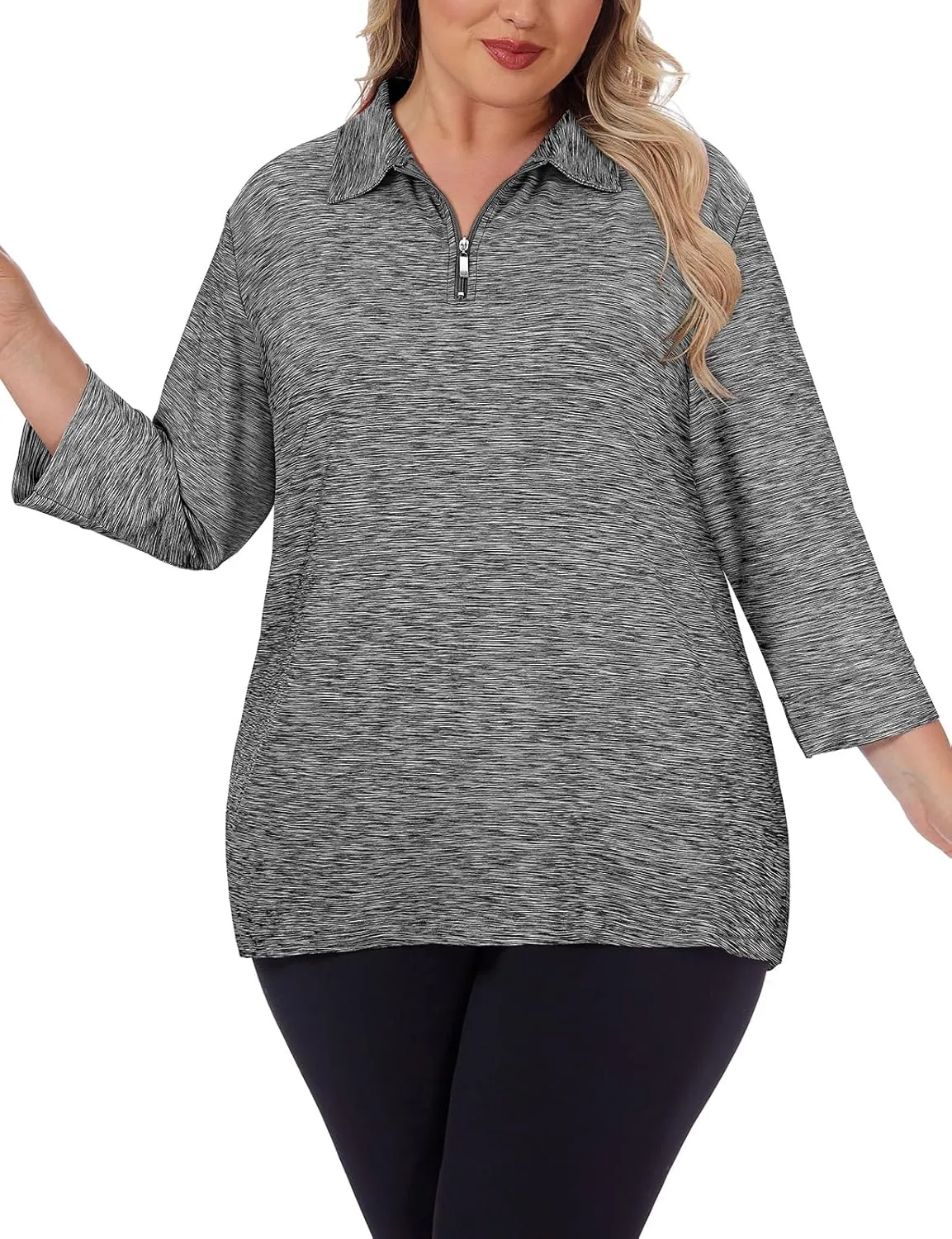 Viracy Plus Size Womens Golf Polo Shirts 3/4 Sleeve Zip Up Quick Dry Workout Tops