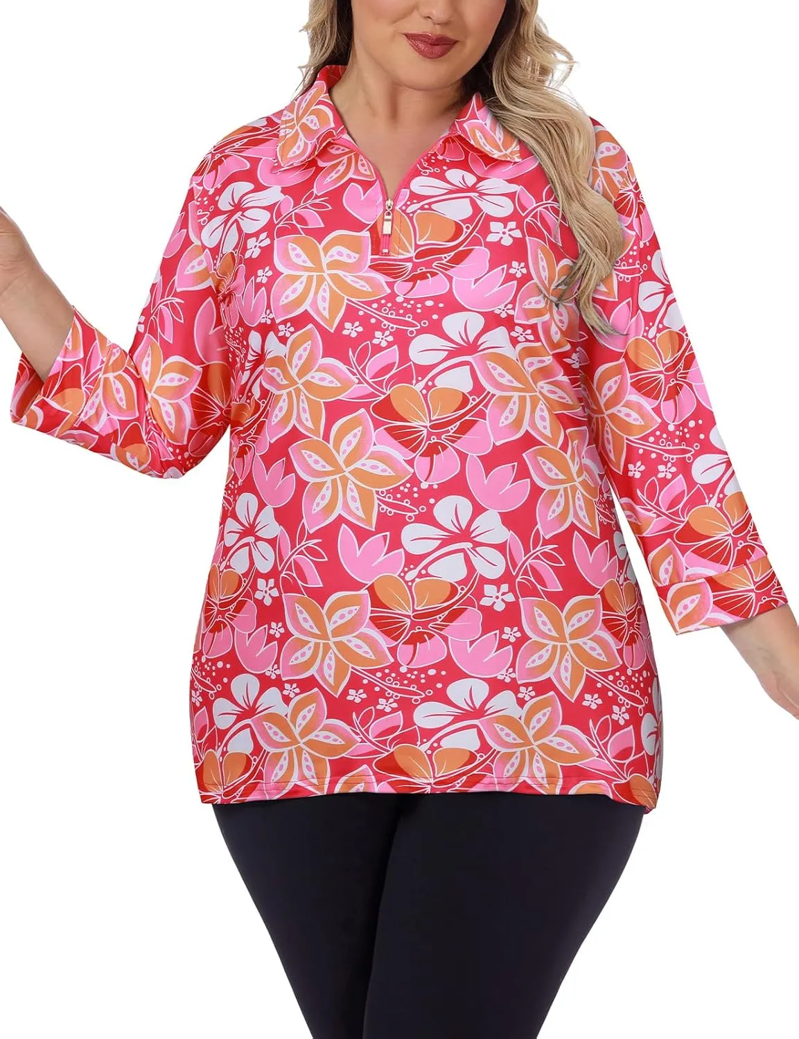 Viracy Plus Size Womens Golf Polo Shirts 3/4 Sleeve Zip Up Quick Dry Workout Tops