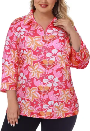 Viracy Plus Size Womens Golf Polo Shirts 3/4 Sleeve Zip Up Quick Dry Workout Tops