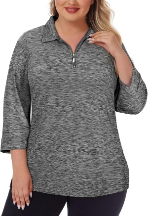Viracy Plus Size Womens Golf Polo Shirts 3/4 Sleeve Zip Up Quick Dry Workout Tops