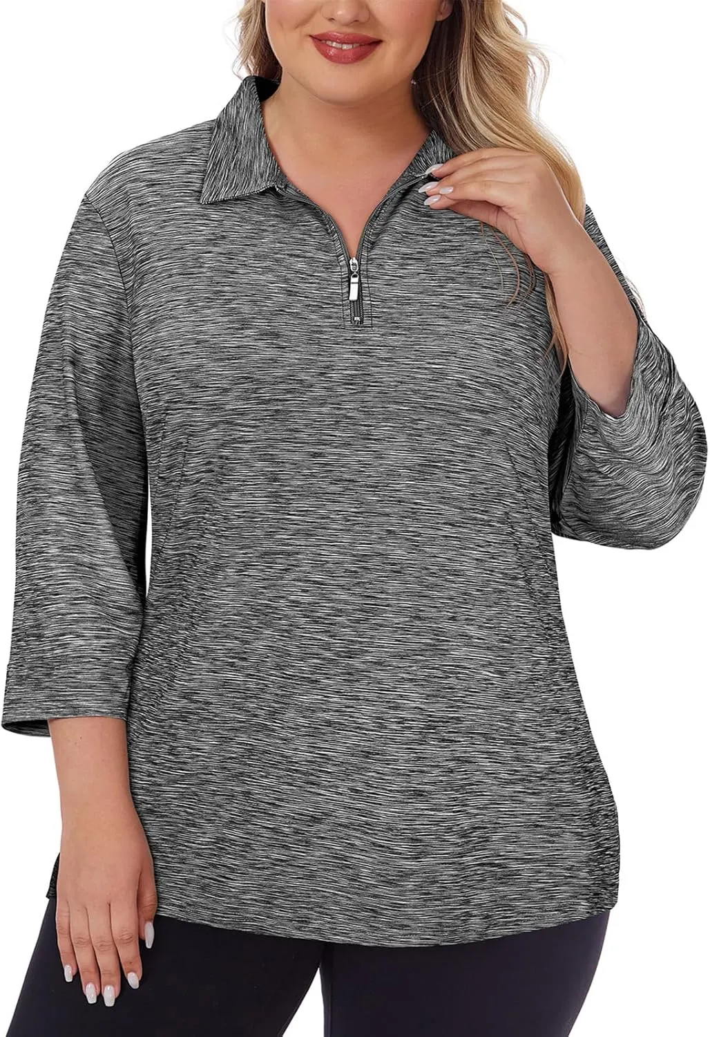 Viracy Plus Size Womens Golf Polo Shirts 3/4 Sleeve Zip Up Quick Dry Workout Tops