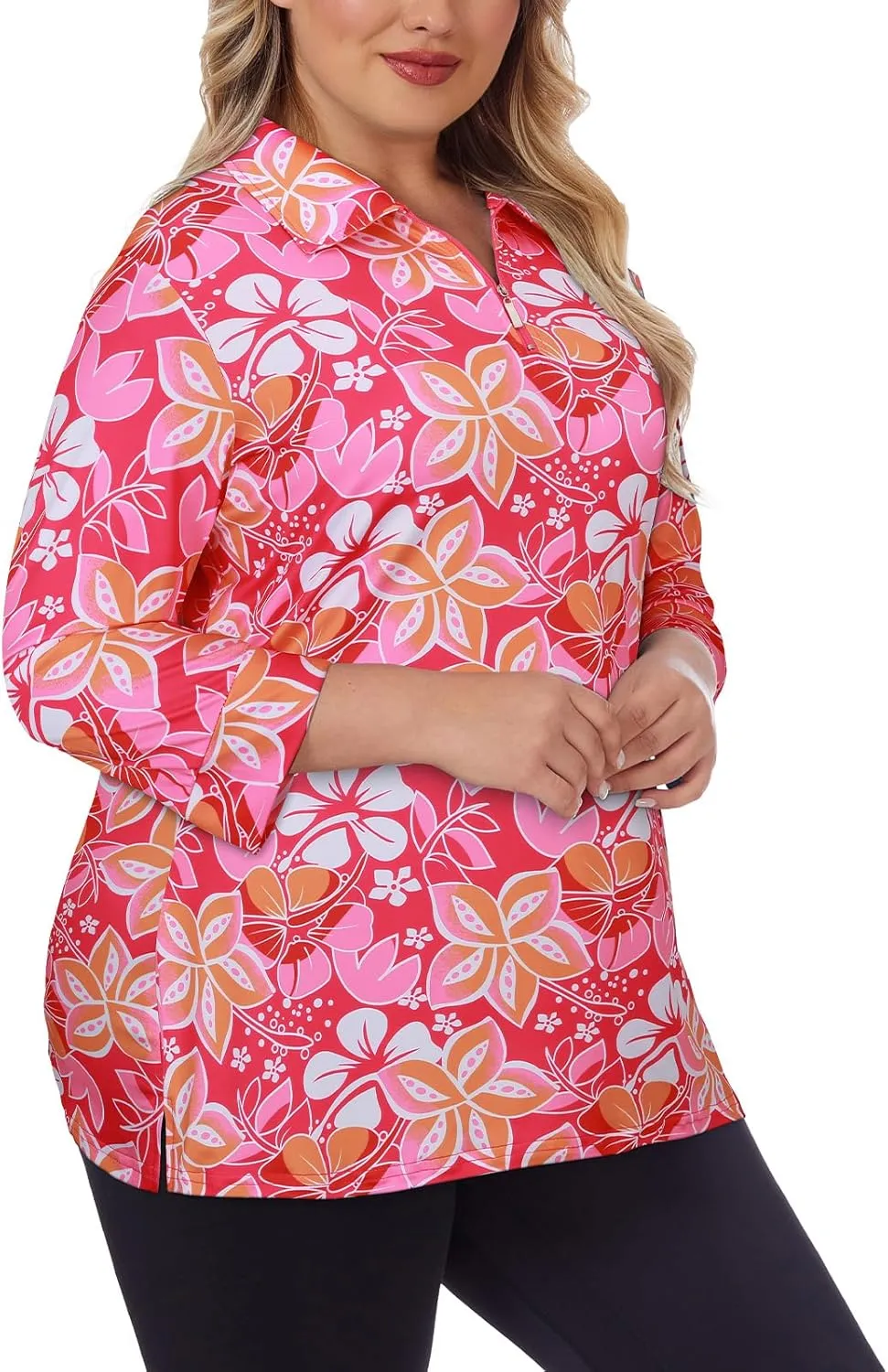 Viracy Plus Size Womens Golf Polo Shirts 3/4 Sleeve Zip Up Quick Dry Workout Tops