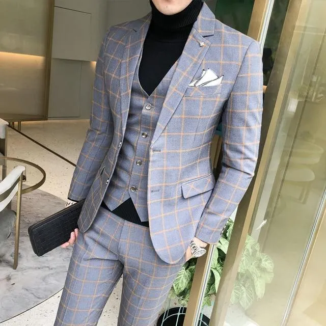 West Louis England Style Plaid Slim Fit 3 Piece Suit