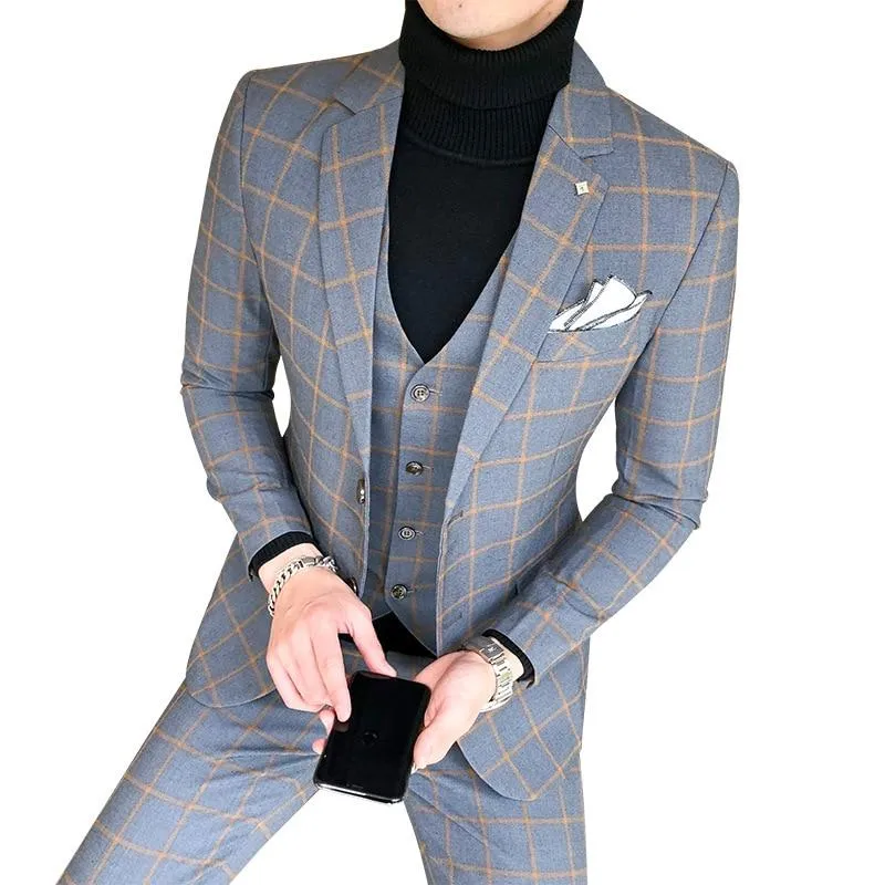 West Louis England Style Plaid Slim Fit 3 Piece Suit