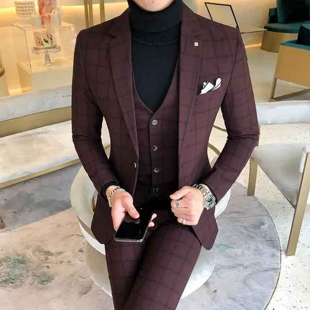 West Louis England Style Plaid Slim Fit 3 Piece Suit