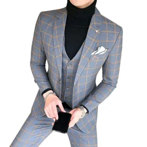 West Louis England Style Plaid Slim Fit 3 Piece Suit
