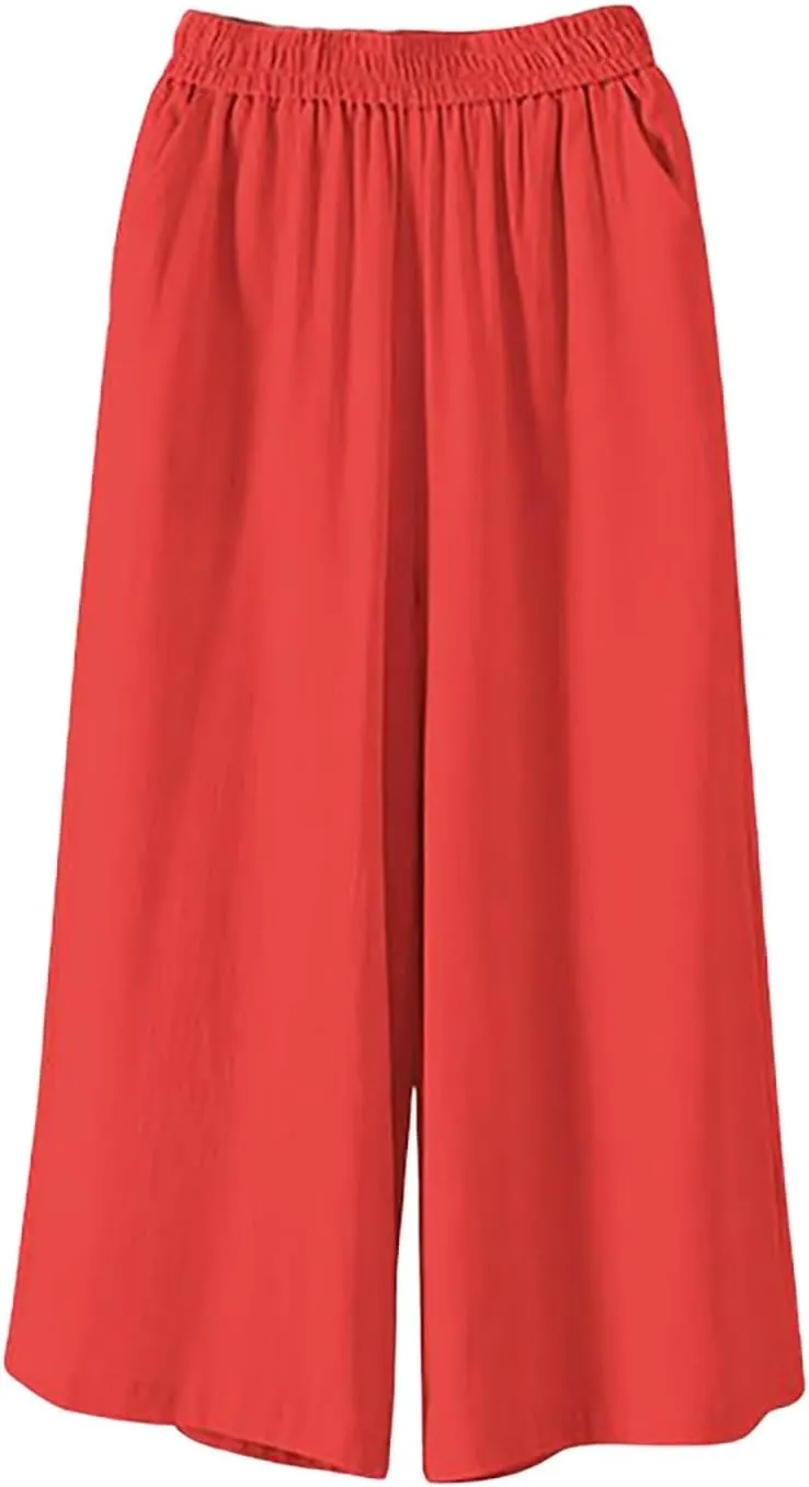 Wide Leg Linen Pants for Women Summer Capri Flowy Pants Casual Loose High Waist Trousers with Pockets