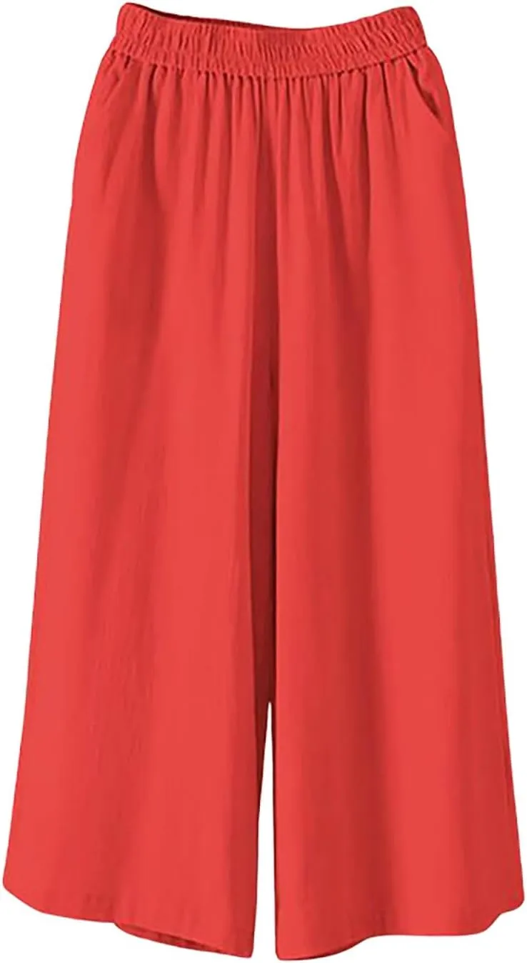 Wide Leg Linen Pants for Women Summer Capri Flowy Pants Casual Loose High Waist Trousers with Pockets