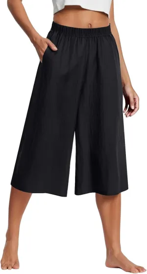 Wide Leg Linen Pants for Women Summer Capri Flowy Pants Casual Loose High Waist Trousers with Pockets