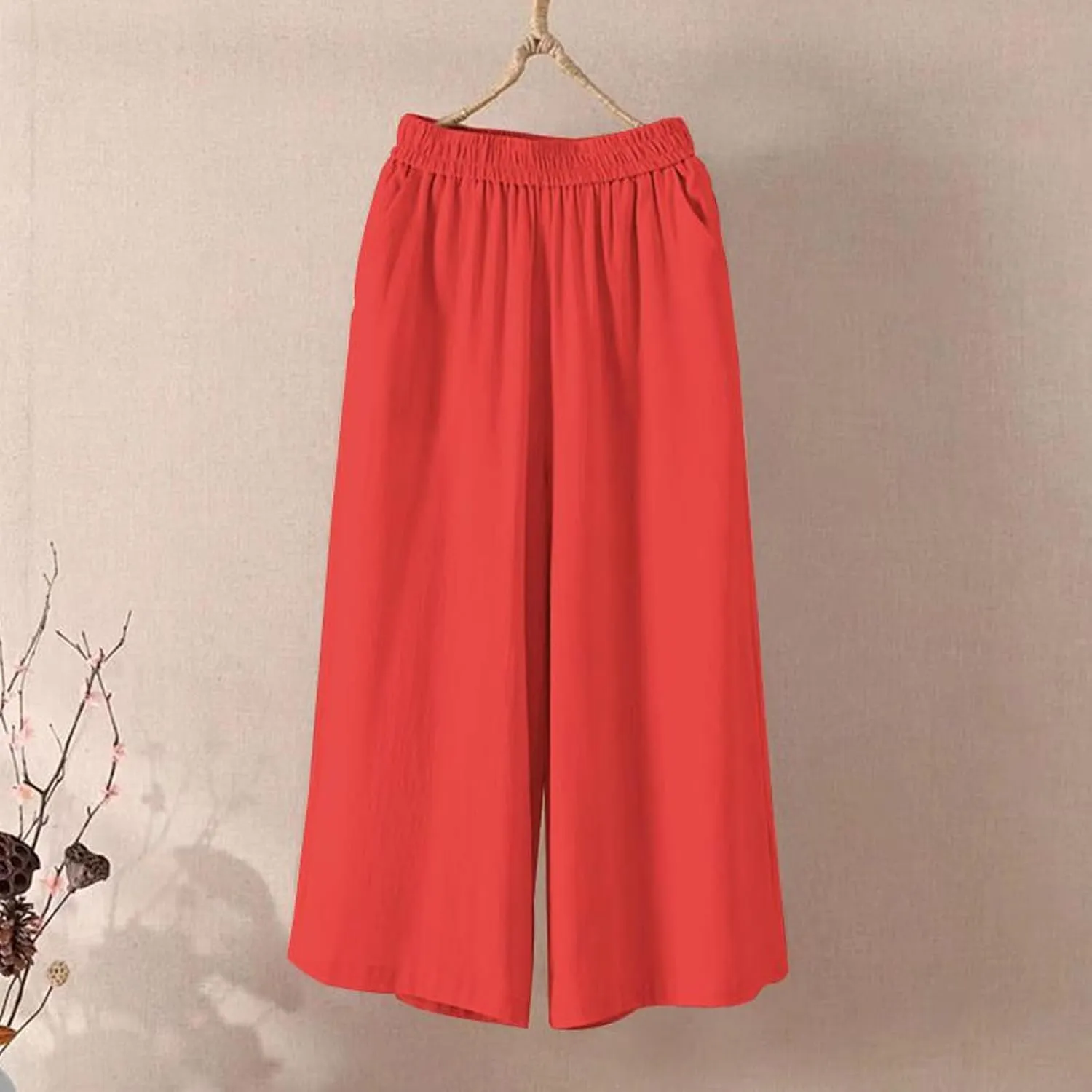 Wide Leg Linen Pants for Women Summer Capri Flowy Pants Casual Loose High Waist Trousers with Pockets