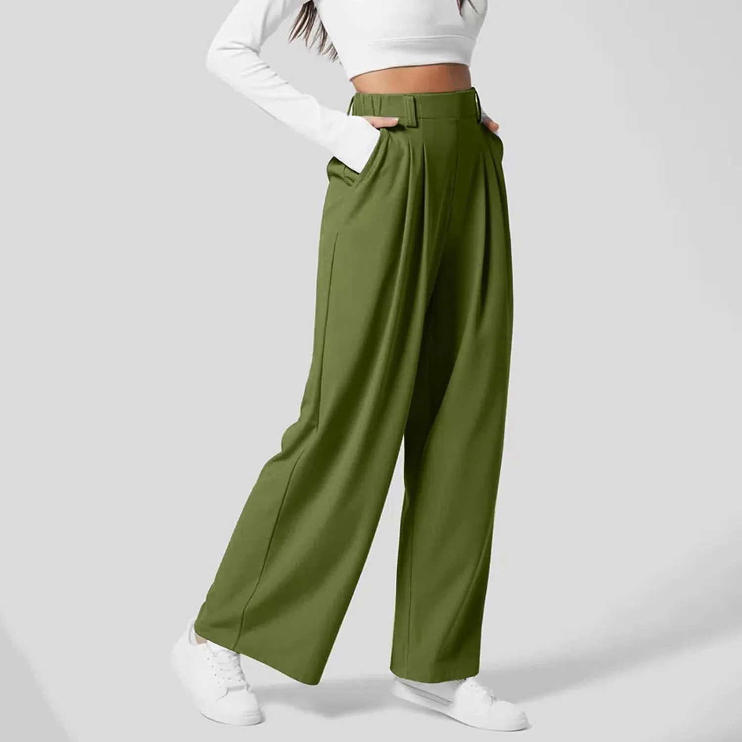 Wide Leg Pants for Women Waffle Knit Casual Palazzo Elastic High Waist Pants Baggy Flowy Dress Trousers with Pockets