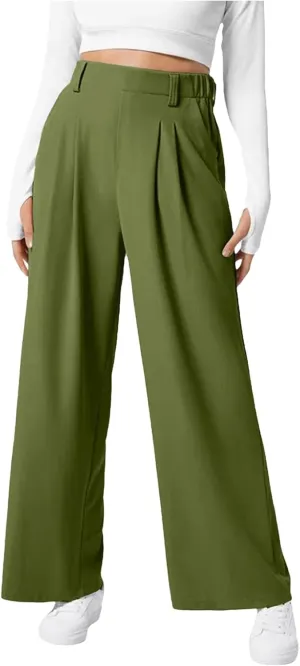 Wide Leg Pants for Women Waffle Knit Casual Palazzo Elastic High Waist Pants Baggy Flowy Dress Trousers with Pockets