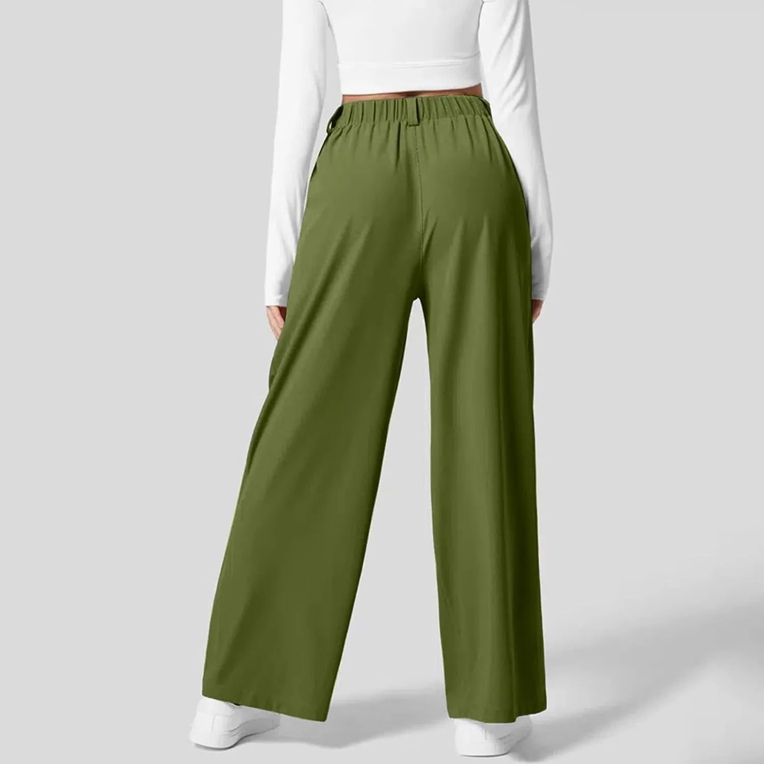 Wide Leg Pants for Women Waffle Knit Casual Palazzo Elastic High Waist Pants Baggy Flowy Dress Trousers with Pockets
