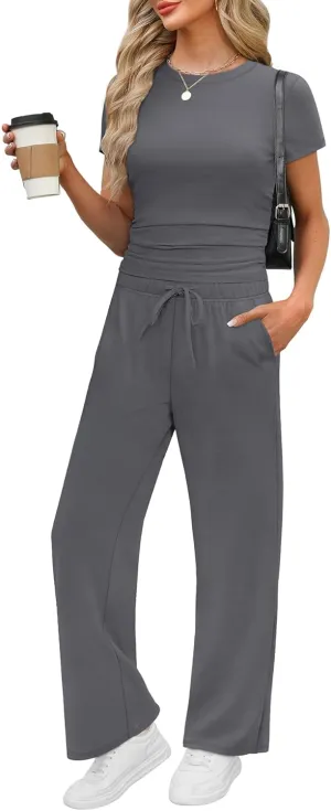WIHOLL 2 Piece Sets for Women Summer Travel Vacation Outfits Workout Ruched Tops Wide Leg Pants Lounge Sets