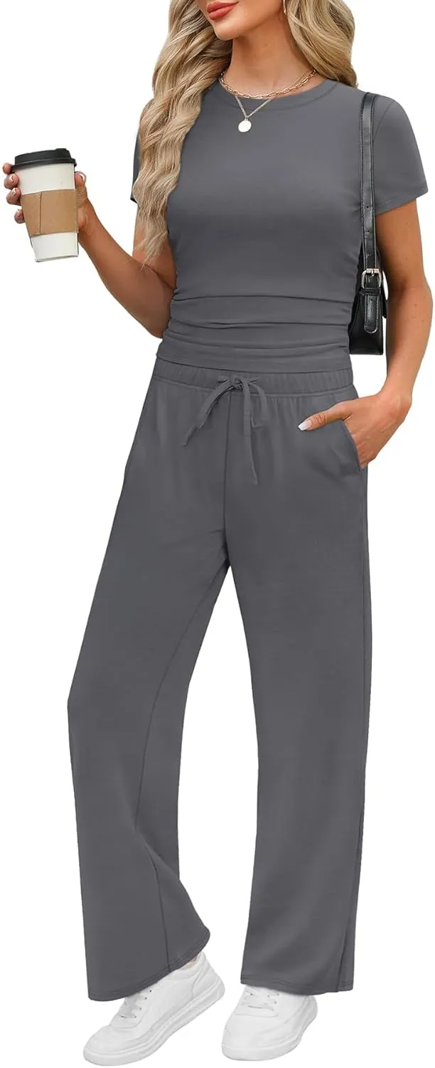 WIHOLL 2 Piece Sets for Women Summer Travel Vacation Outfits Workout Ruched Tops Wide Leg Pants Lounge Sets