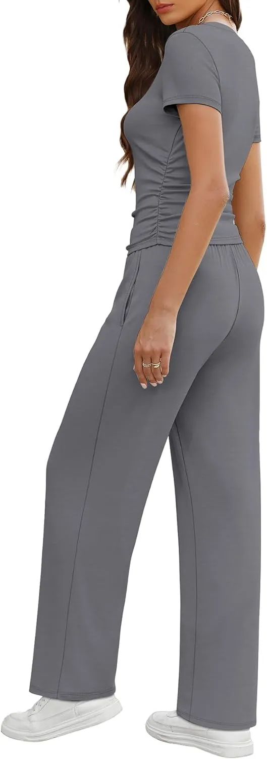 WIHOLL 2 Piece Sets for Women Summer Travel Vacation Outfits Workout Ruched Tops Wide Leg Pants Lounge Sets