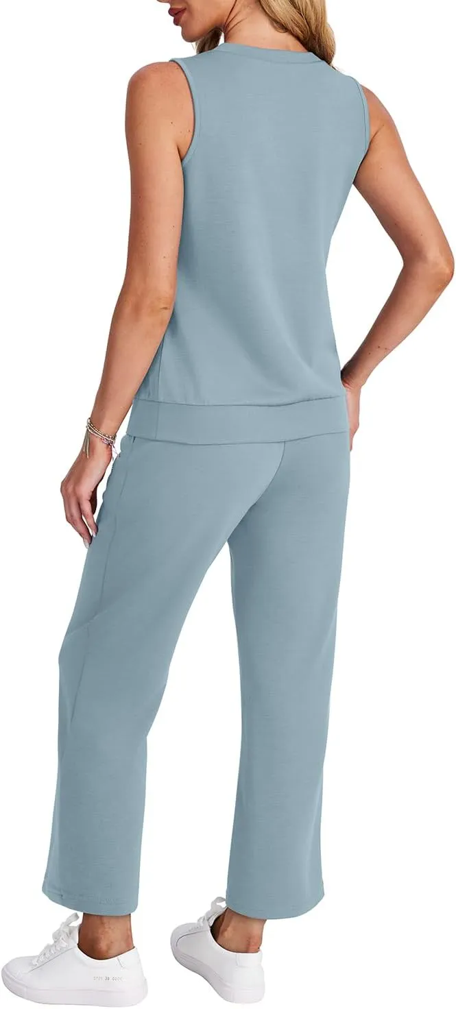 WIHOLL Two Piece Set for Women Summer Outfits Vacation Trendy Lounge Sets V Neck Matching Sets