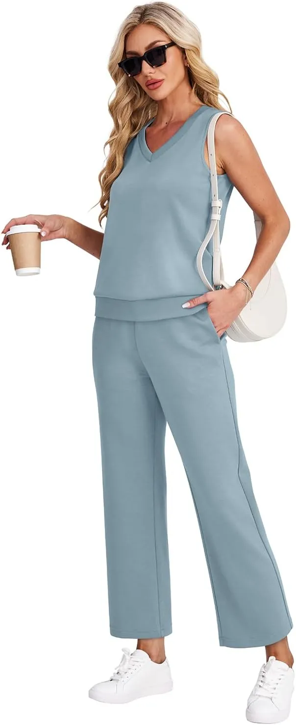 WIHOLL Two Piece Set for Women Summer Outfits Vacation Trendy Lounge Sets V Neck Matching Sets