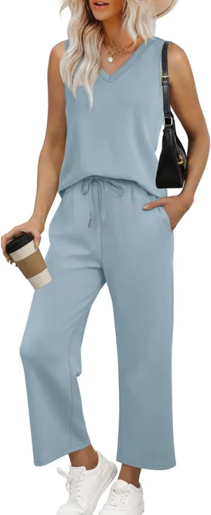 WIHOLL Two Piece Set for Women Summer Outfits Vacation Trendy Lounge Sets V Neck Matching Sets