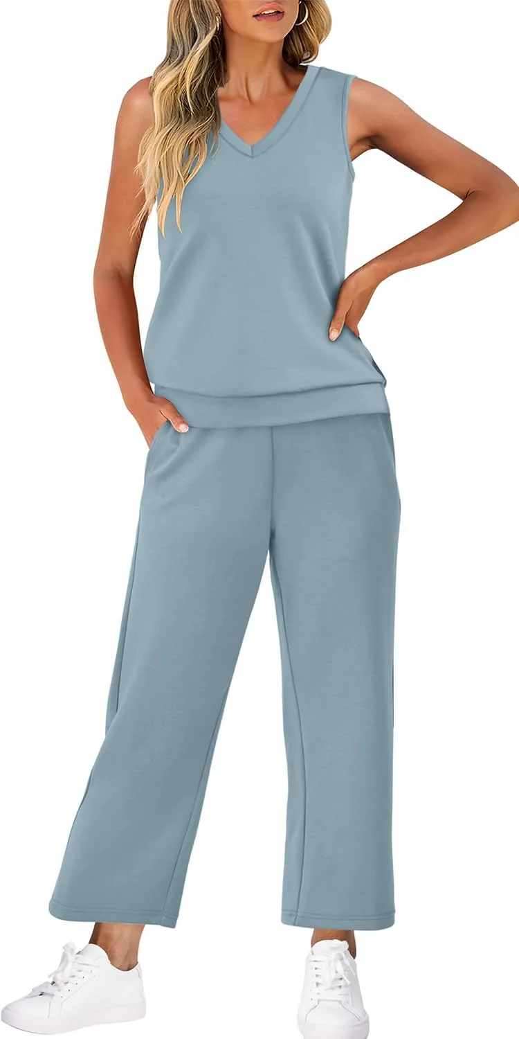 WIHOLL Two Piece Set for Women Summer Outfits Vacation Trendy Lounge Sets V Neck Matching Sets